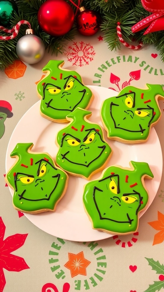 Grinch Christmas Cookies Recipe Festive Grinch cookies with green icing and red heart sprinkles on a holiday table.